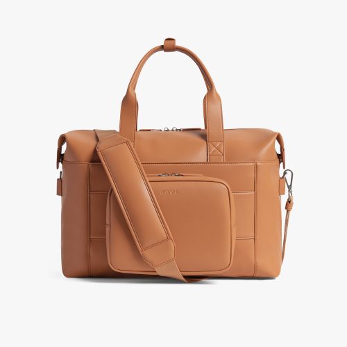 Saddle Tan (Vegan Leather) | Back view of Metro Duffel in Saddle Tan