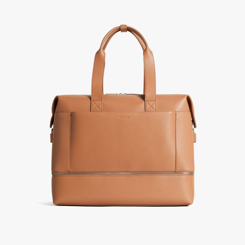 Saddle Tan (Vegan Leather) | Front view of Metro Weekender in Saddle Tan